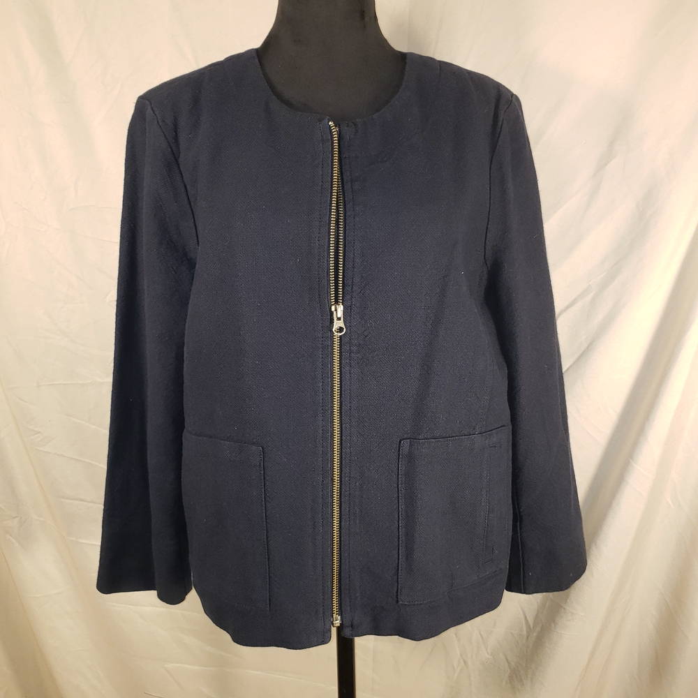 LOFT Navy Round-Neck Zip Linen Blend Jacket - 12